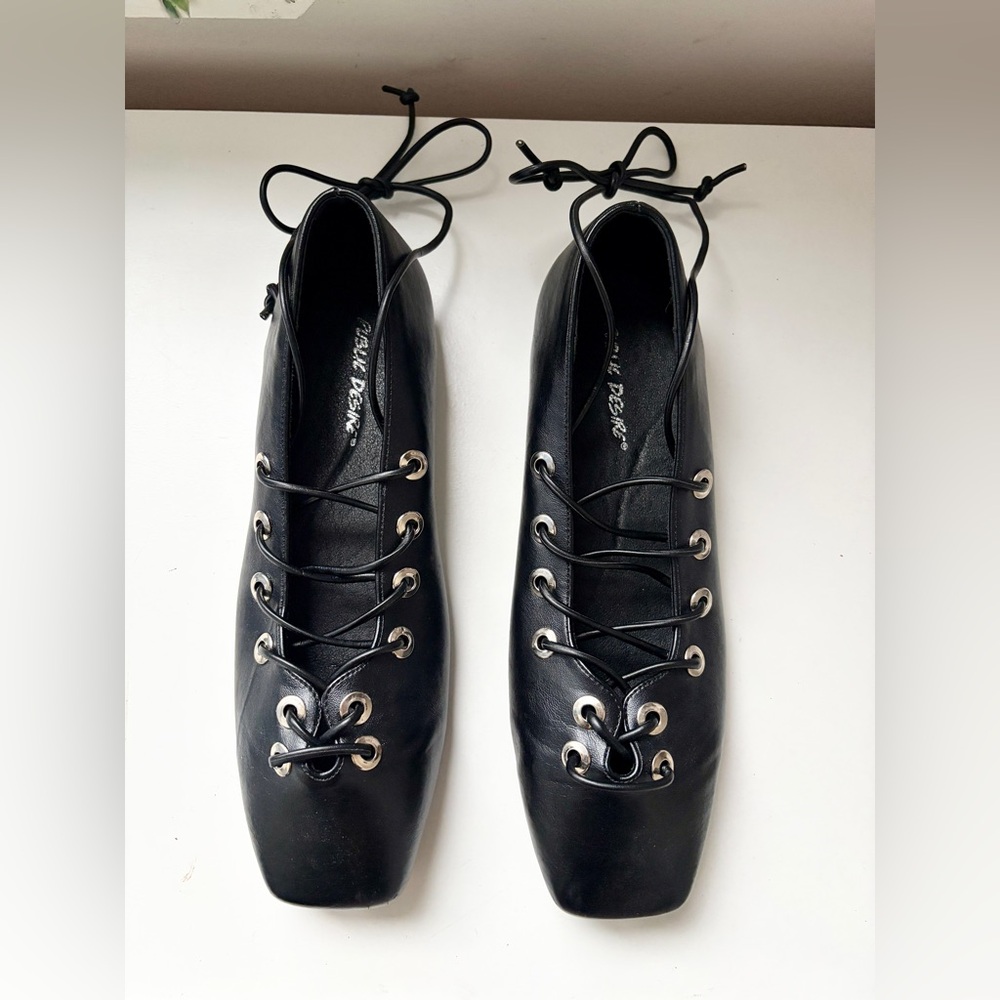 Public Desire Black ballet flat lace up shoes in black